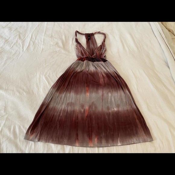 iOi tie dye pleated V-neck brown beige A-line open back sleeveless dress, size S - Picture 1 of 7